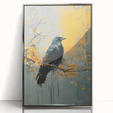 Framed wall art featuring a striking design of a crow and raven in intricate detail, presented in a sleek silver frame, ideal for modern home decor.