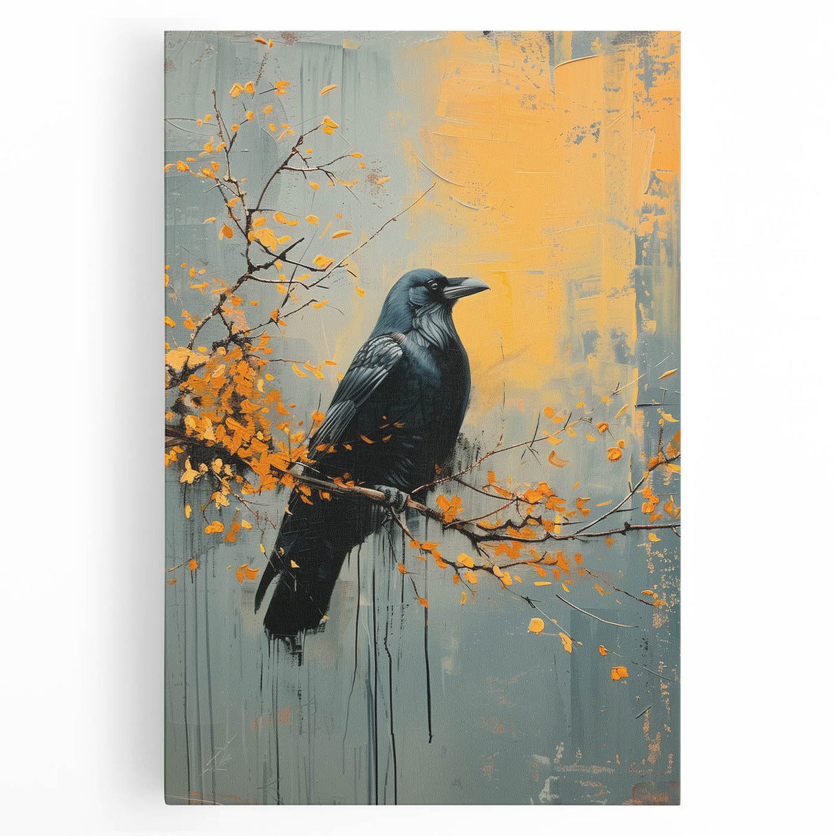 Stretched canvas wall art showcasing a striking design of a crow and raven in flight, featuring vivid colors and intricate details, perfect for nature enthusiasts.