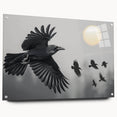 Acrylic glass wall art design featuring a striking crow and raven motif, displayed in a modern side view with metallic pins for easy hanging. The artwork combines vivid colors and intricate details, perfect for enhancing contemporary interior decor.