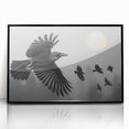 Framed wall art featuring an intricate design of a crow and raven, displayed in a sleek black frame, perfect for enhancing modern home decor with a touch of nature.