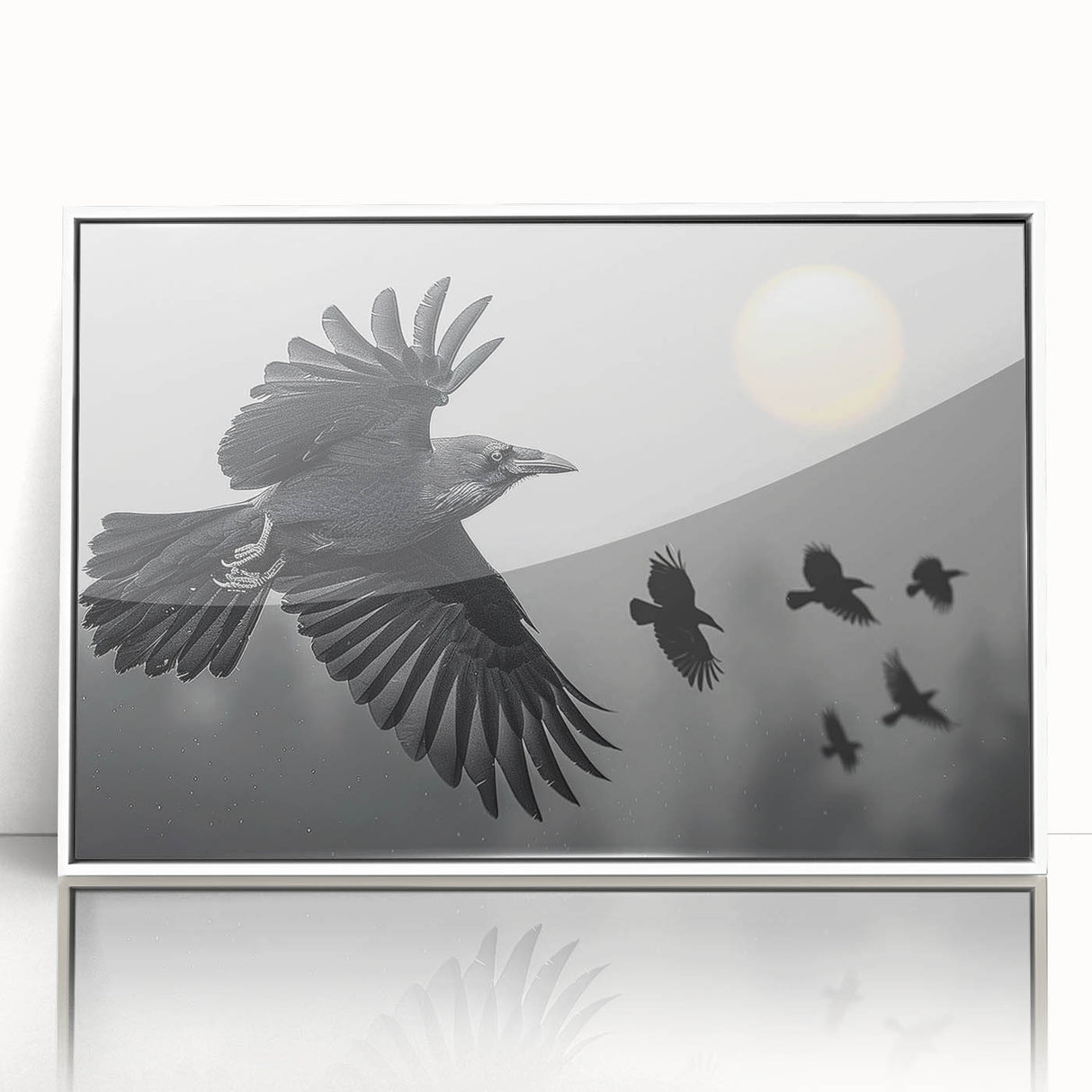Framed wall art featuring a striking design of a crow and raven, displayed in an elegant white frame, capturing intricate details of the birds against a minimalist background. Ideal for enhancing modern home decor with a touch of nature.
