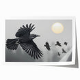 A rolled print showcasing an intricate design of a crow and raven, featuring detailed artwork in bold black and white, ideal for enhancing home decor or art collections.