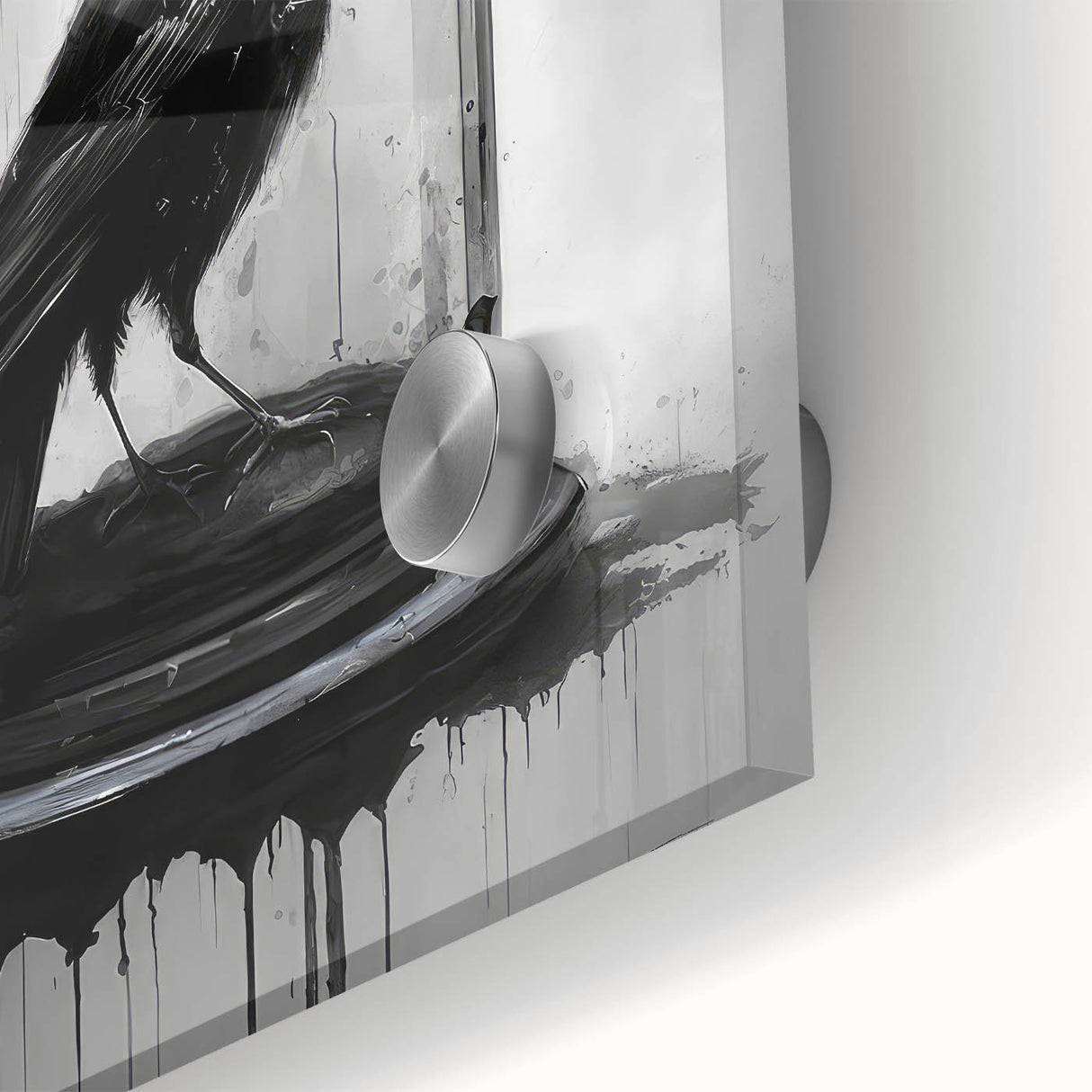 Close-up of a vibrant wall art piece showcasing a design of a crow and raven, featuring intricate details and a glossy finish on acrylic glass, perfect for enhancing modern decor.
