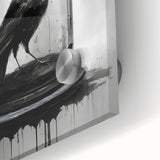 Close-up of a vibrant wall art piece showcasing a design of a crow and raven, featuring intricate details and a glossy finish on acrylic glass, perfect for enhancing modern decor.