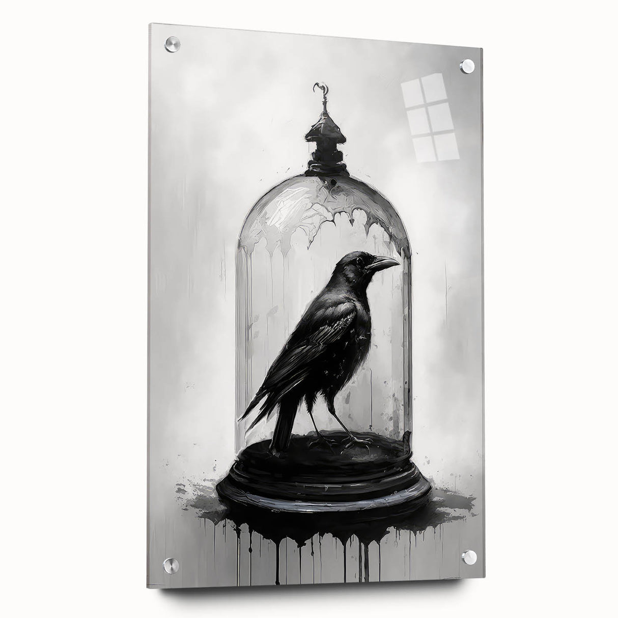 Close-up of a side view of a modern acrylic glass wall art collection featuring intricate crow and raven designs, elegantly displayed with decorative pins. This artwork adds a striking touch to any interior decor, blending nature-inspired themes with contemporary aesthetics.