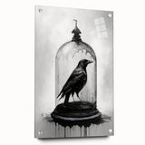 Close-up of a side view of a modern acrylic glass wall art collection featuring intricate crow and raven designs, elegantly displayed with decorative pins. This artwork adds a striking touch to any interior decor, blending nature-inspired themes with contemporary aesthetics.