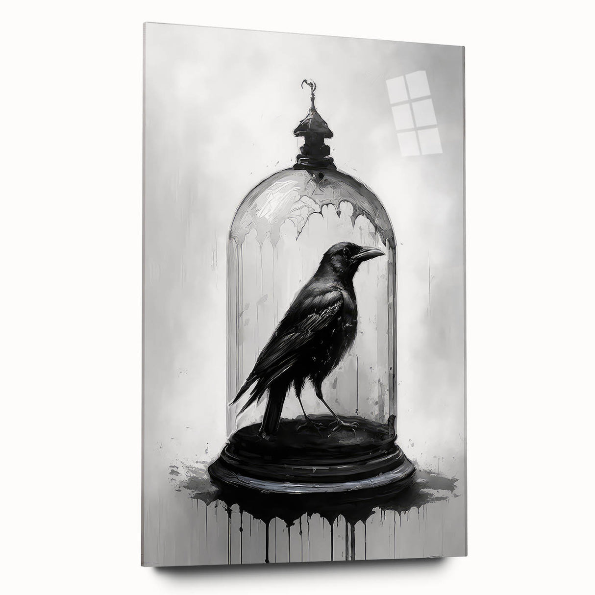 Side view of a sleek acrylic glass wall art piece showcasing a crow and raven design, perfect for modern decor. The artwork features intricate details and vibrant colors.