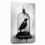 Side view of a sleek acrylic glass wall art piece showcasing a crow and raven design, perfect for modern decor. The artwork features intricate details and vibrant colors.