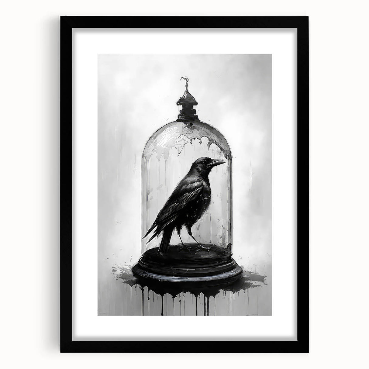 Black-framed wall art featuring a detailed design of a crow and raven, showcasing intricate illustrations against a minimalistic backdrop, perfect for modern decor.