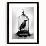 Black-framed wall art featuring a detailed design of a crow and raven, showcasing intricate illustrations against a minimalistic backdrop, perfect for modern decor.