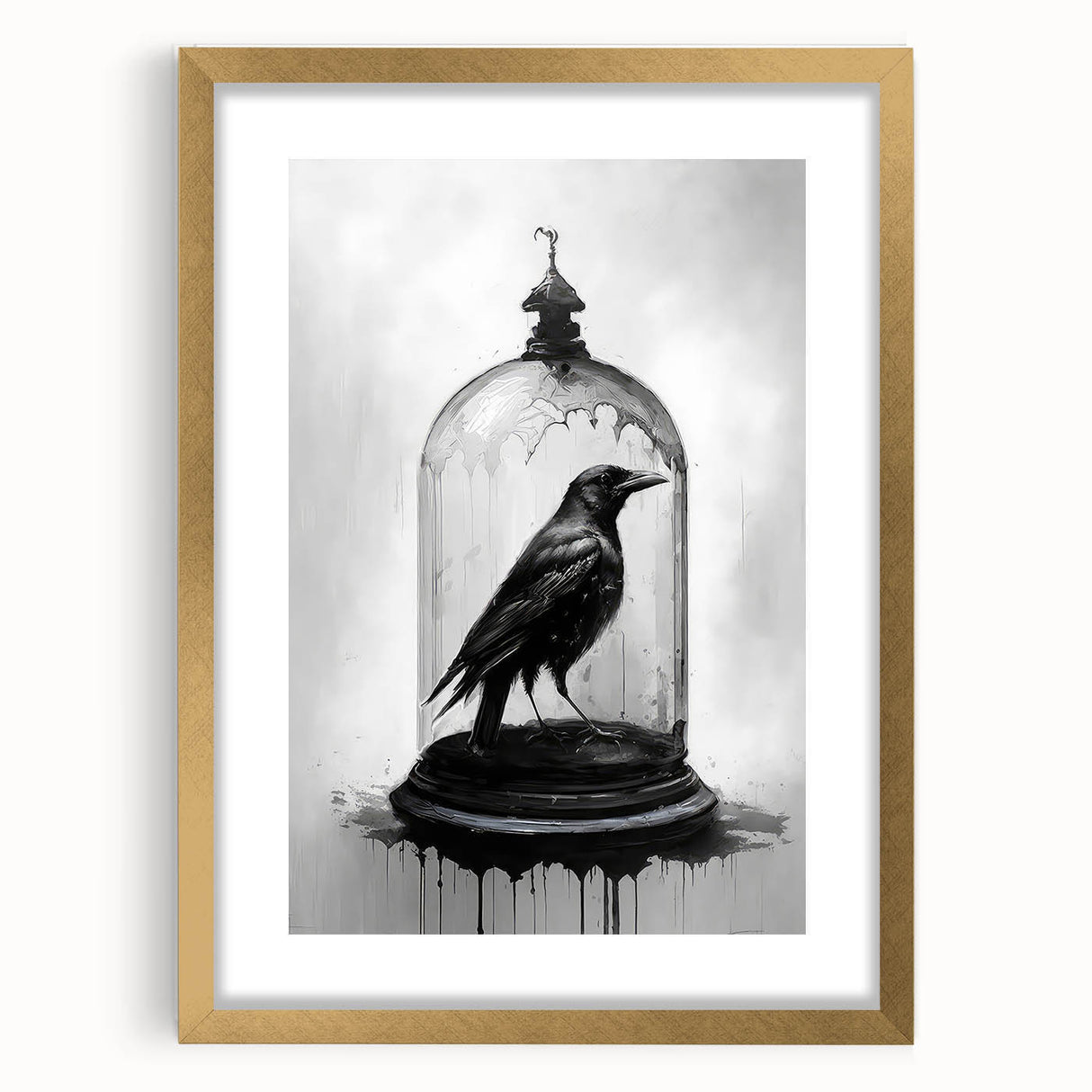 Framed wall art featuring a striking design of a crow and raven, highlighted by a gold mat, showcasing intricate details and vibrant colors for an elegant decor touch.