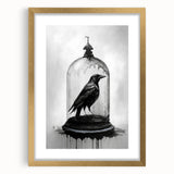 Framed wall art featuring a striking design of a crow and raven, highlighted by a gold mat, showcasing intricate details and vibrant colors for an elegant decor touch.