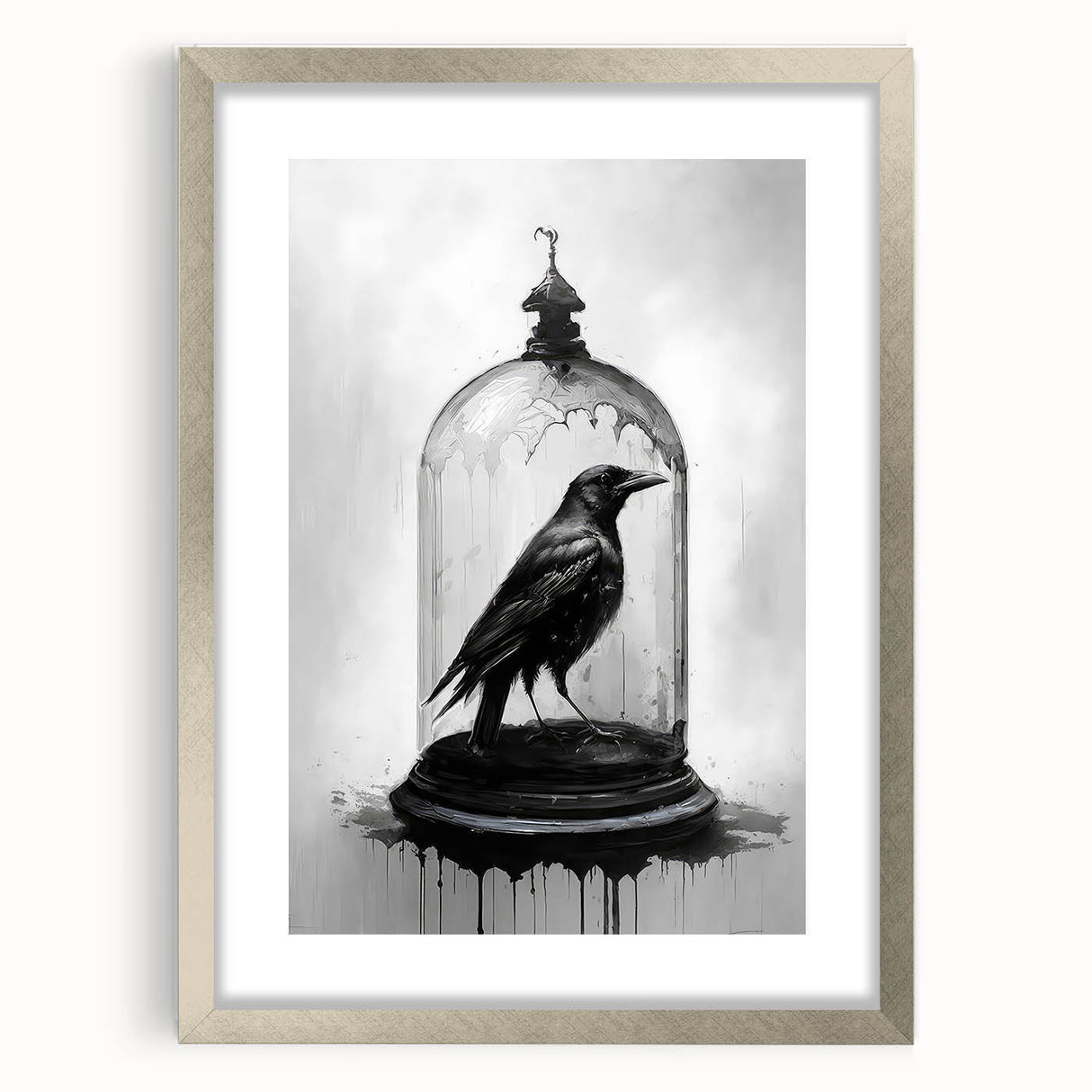 Framed wall art collection featuring a detailed design of a crow and raven, showcased in a sleek silver frame with a mat, ideal for adding a touch of nature-inspired elegance to any room décor.