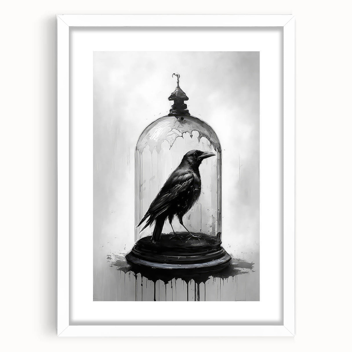 Framed wall art depicting a crow and raven design on a textured mat, showcasing a modern aesthetic with a white frame, ideal for nature-themed decor.