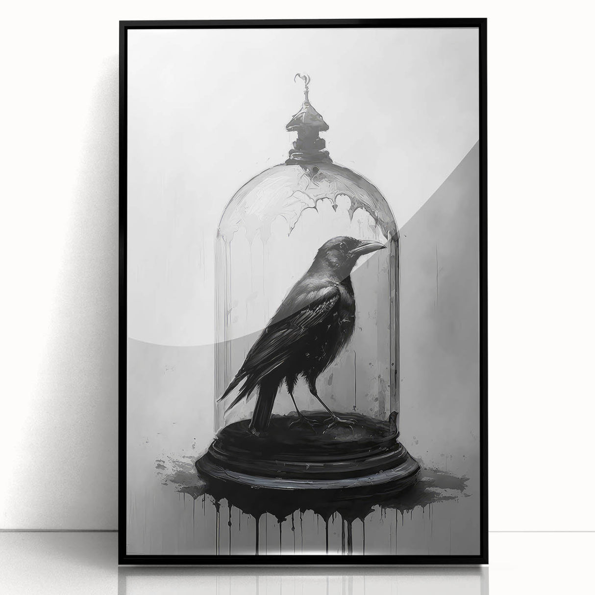 Framed wall art featuring a striking black crow and raven design, showcasing intricate details and vibrant colors on acrylic, ideal for modern decor.