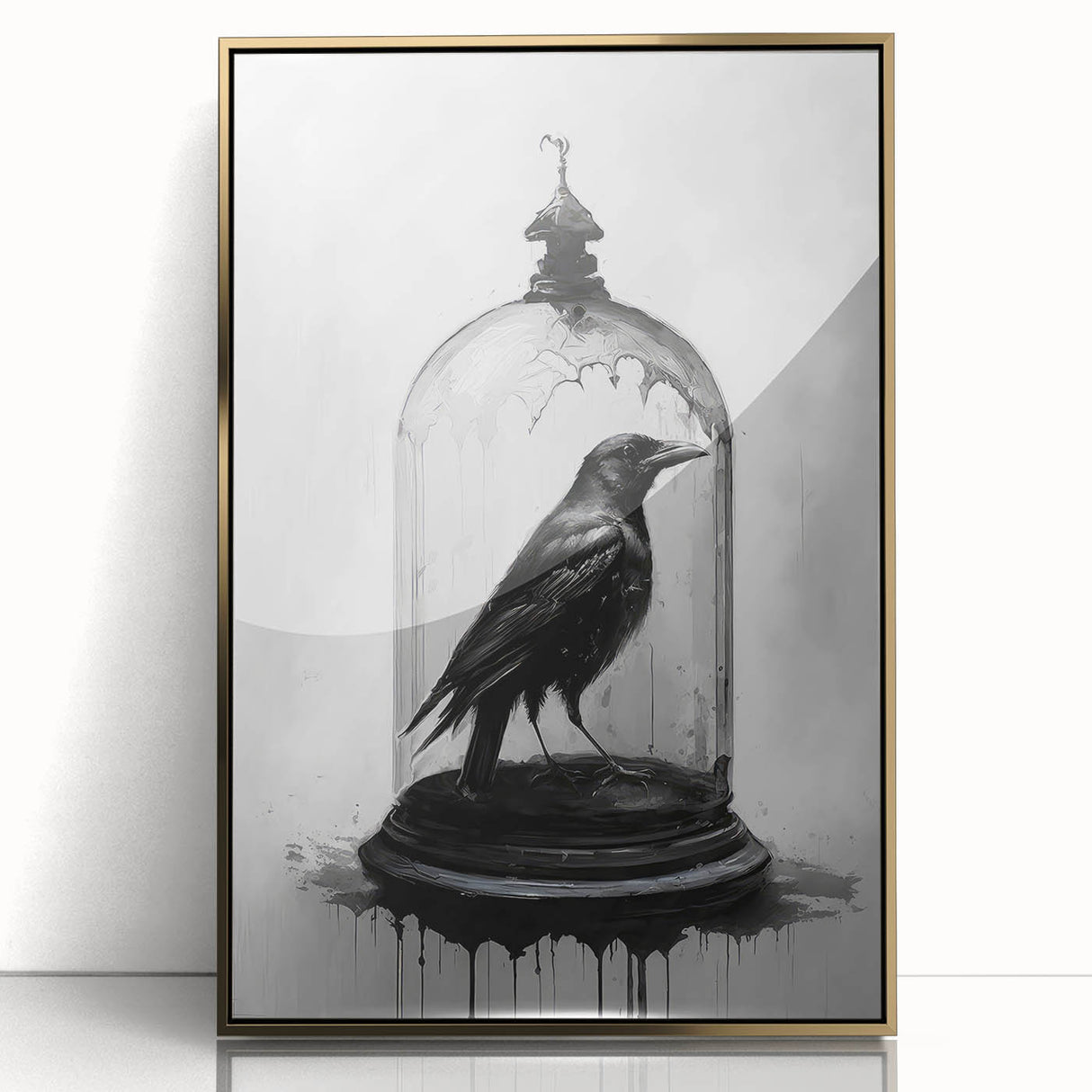 Framed wall art featuring a striking design of a crow and raven in a gold-acrylic finish, showcasing intricate details and a modern aesthetic for stylish home decor.