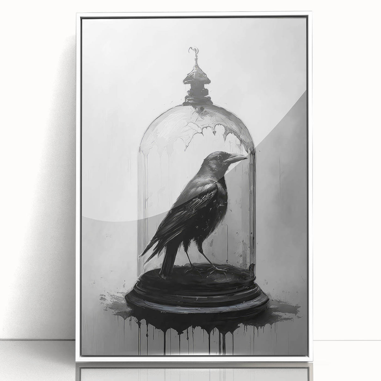 Framed acrylic wall art featuring a crow and raven design, showcasing intricate details in black and white, perfect for nature enthusiasts and modern decor.
