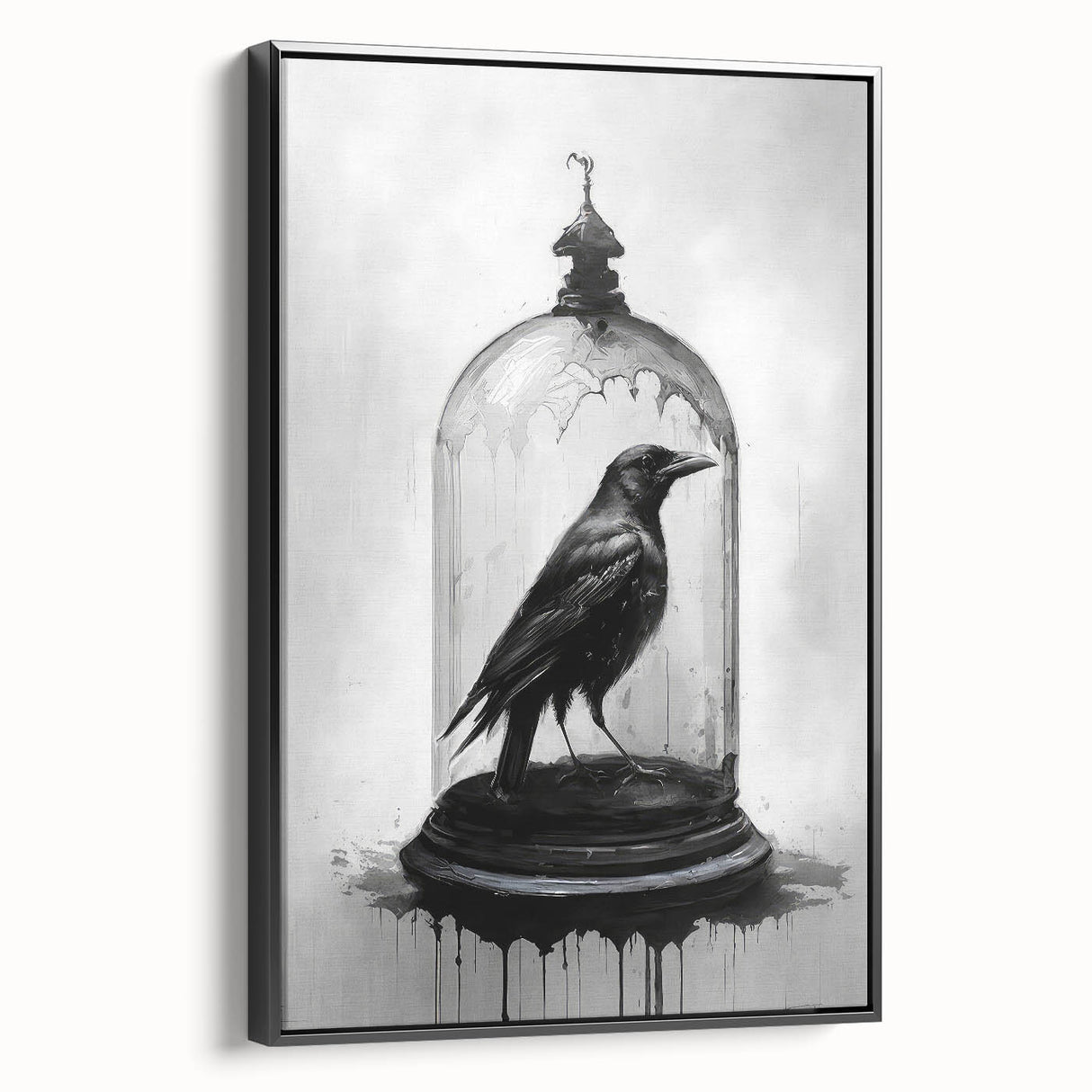 Framed canvas wall art featuring a striking design of a crow and raven, emphasizing intricate details and a sleek black frame, ideal for modern decor.