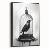 Framed canvas wall art featuring a striking design of a crow and raven, emphasizing intricate details and a sleek black frame, ideal for modern decor.