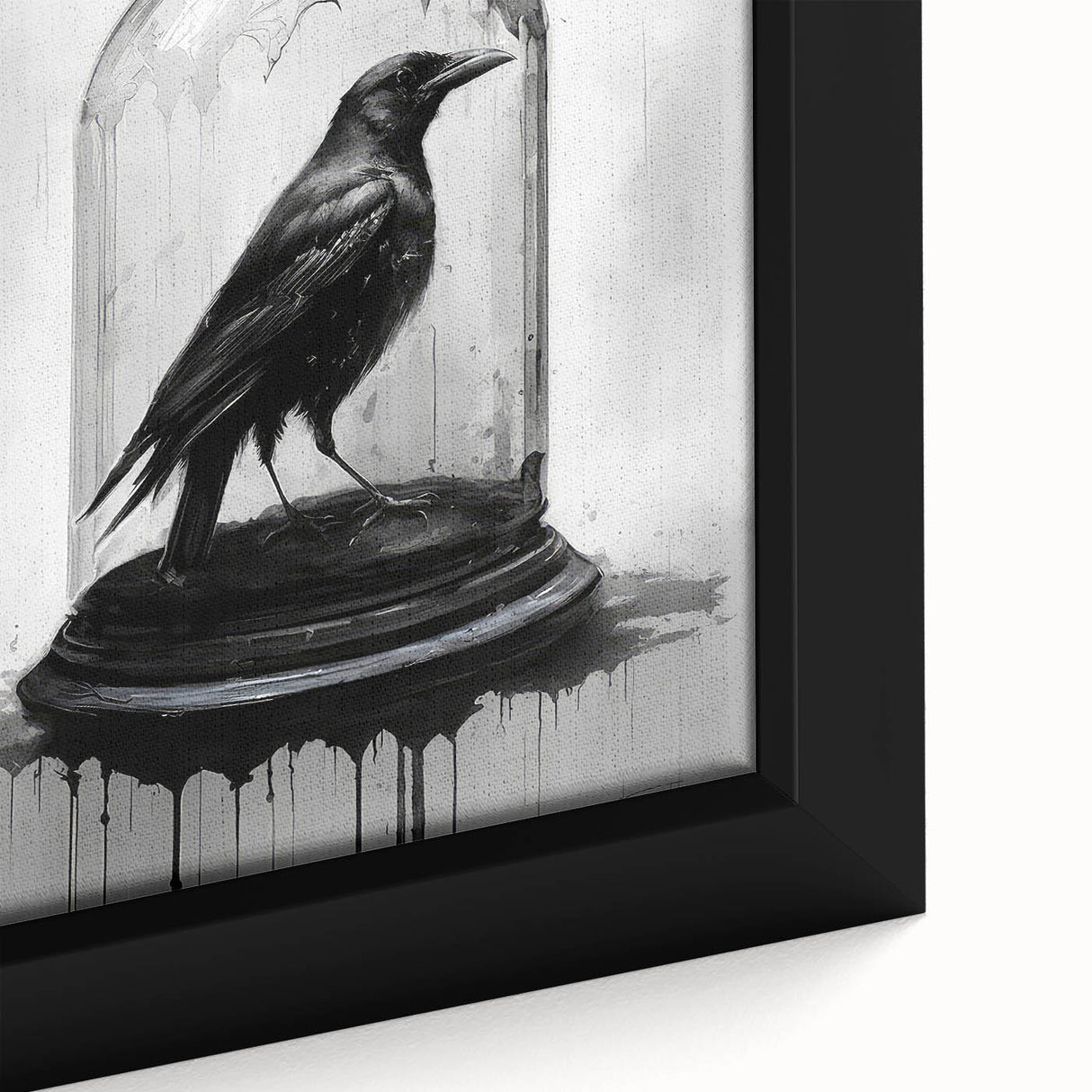 Close-up of a framed canvas artwork depicting a crow and raven design, showcasing intricate details and rich colors, ideal for nature-themed decor.