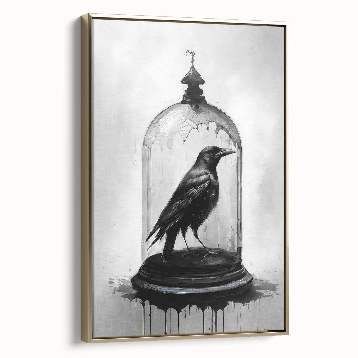 Framed wall art featuring a crow and raven design in a gold frame, showcasing intricate details and vibrant colors, perfect for enhancing modern decor.