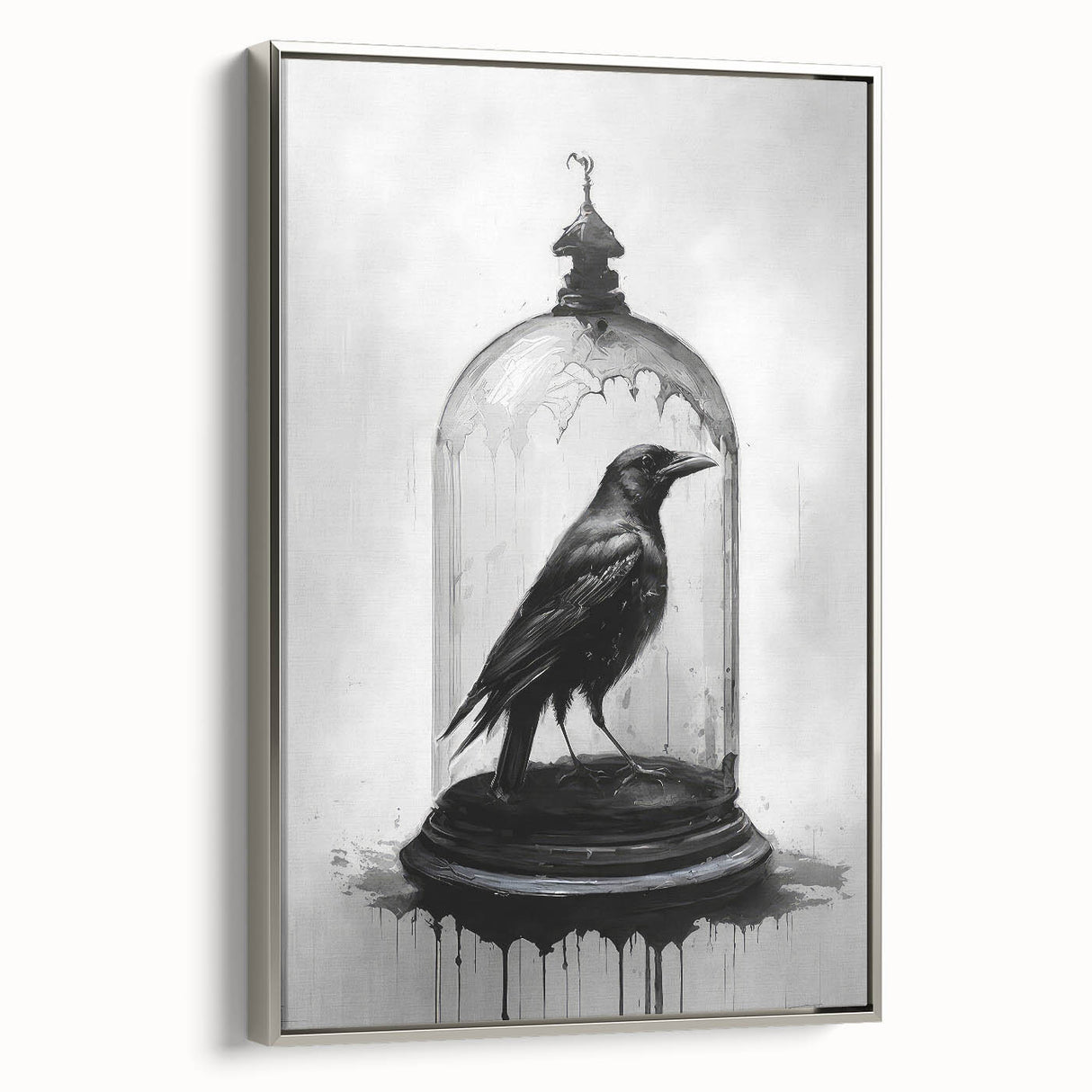 Framed wall art featuring a crow and raven design in a silver frame, showcasing intricate details and a sleek side view, perfect for modern decor.