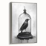 Framed wall art featuring a crow and raven design in a silver frame, showcasing intricate details and a sleek side view, perfect for modern decor.
