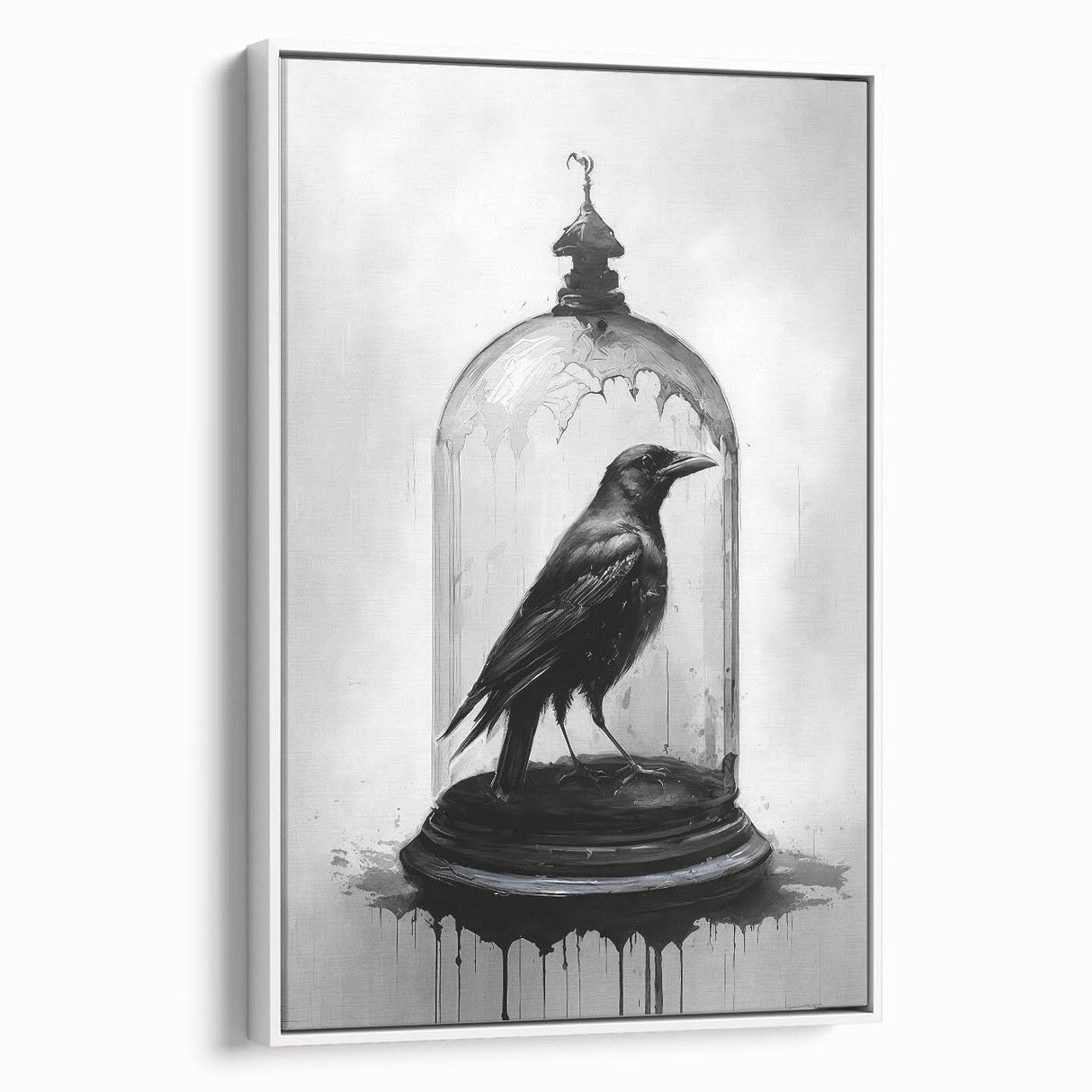 Framed wall art showcasing a detailed design of crows and ravens, featuring a white background and elegant black silhouettes, perfect for modern home decor.