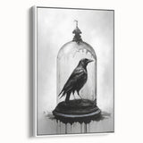 Framed wall art showcasing a detailed design of crows and ravens, featuring a white background and elegant black silhouettes, perfect for modern home decor.
