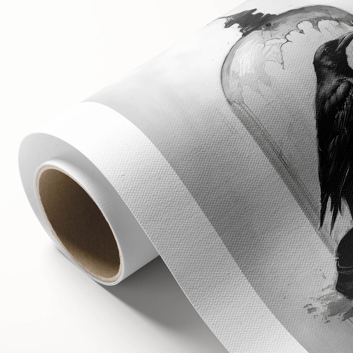 Rolled canvas artwork depicting a striking design of a crow and raven, featuring intricate details and rich colors, perfect for adding a nature-inspired touch to home decor.