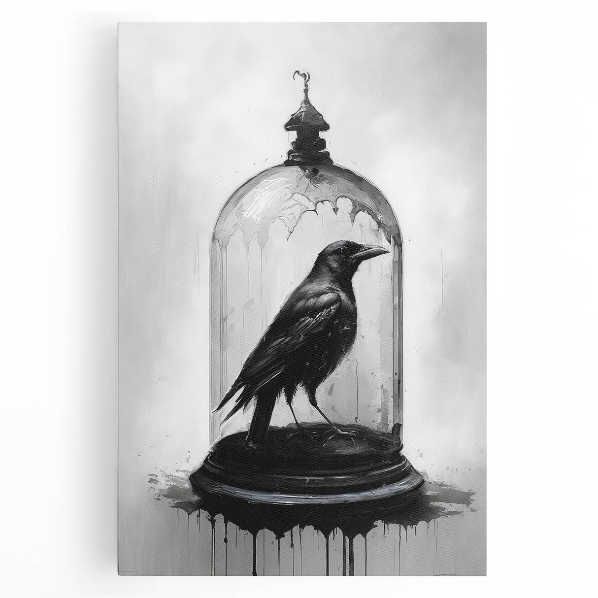 Stretched canvas wall art featuring a striking design of a crow and raven, showcasing intricate details in black and gray against a muted background, perfect for nature enthusiasts.
