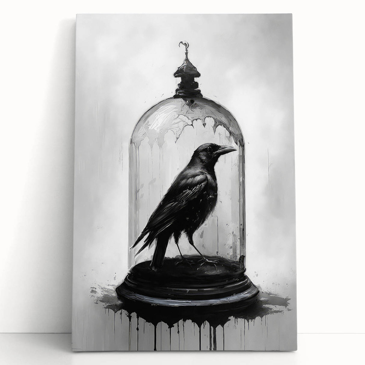 Stretched canvas wall art featuring a striking design of a crow and raven in a minimalist style, showcasing bold black silhouettes against a muted background, perfect for modern decor.
