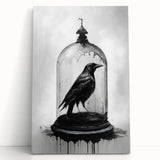 Stretched canvas wall art featuring a striking design of a crow and raven in a minimalist style, showcasing bold black silhouettes against a muted background, perfect for modern decor.