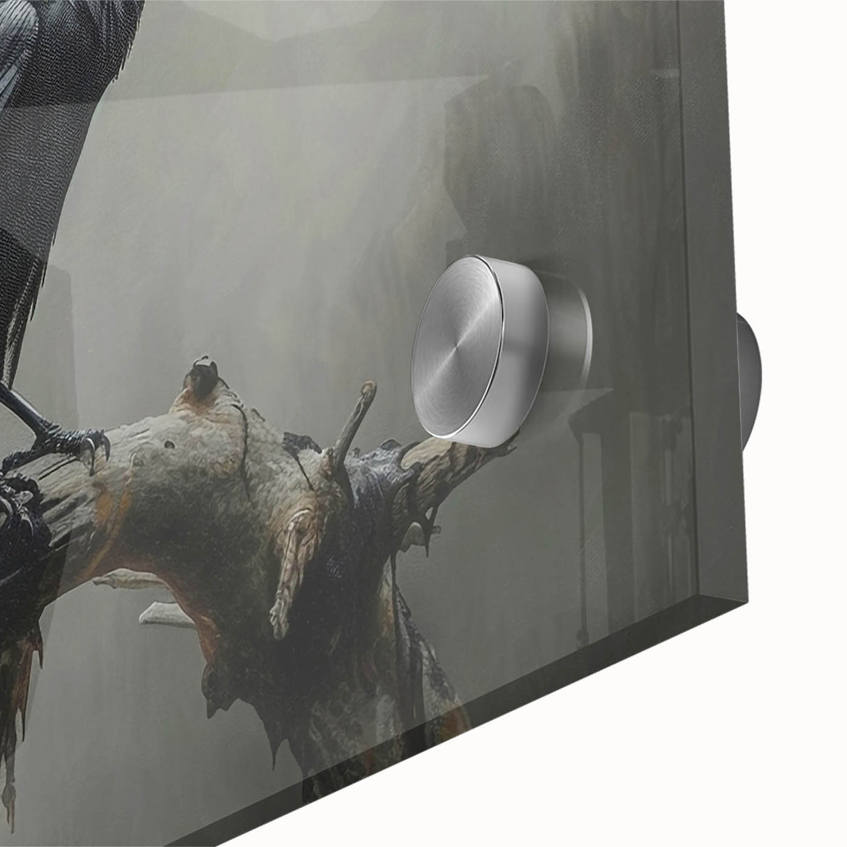 Close-up of a stunning wall art piece featuring a crow and raven design, showcasing intricate details on acrylic glass, perfect for modern home decor.