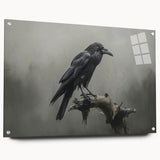 Acrylic glass wall art displaying a detailed design of a crow and raven collection, featuring vibrant colors and mounted with pins, perfect for modern decor.