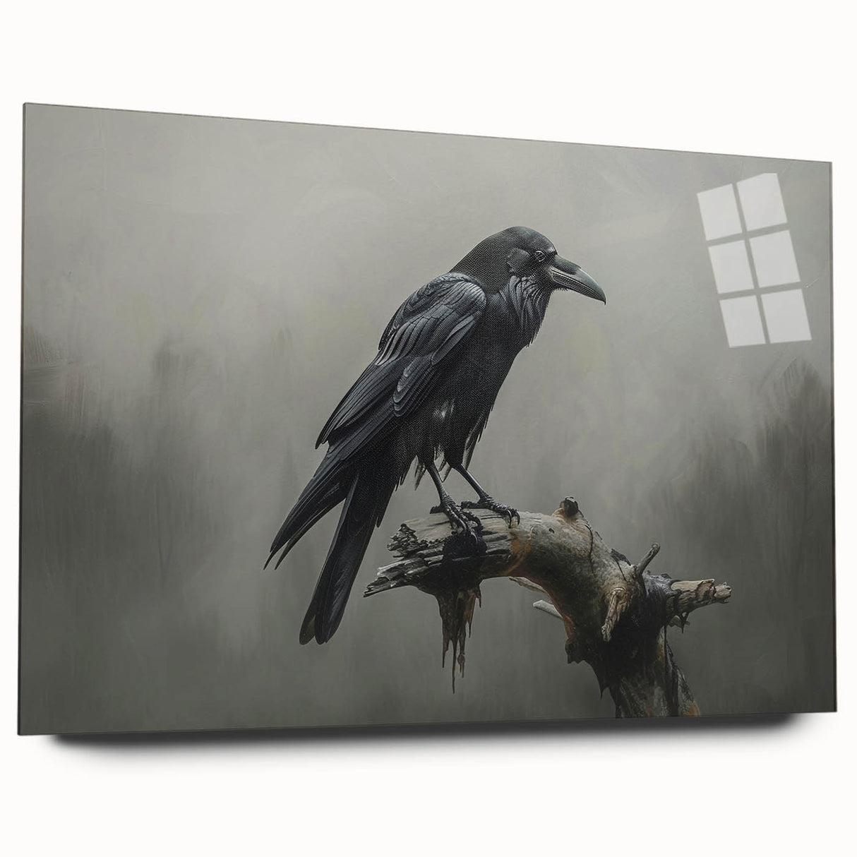 Side view of a modern wall art piece featuring intricate crow and raven designs on acrylic glass, showcasing vivid colors and detailed craftsmanship for an elegant home decor.