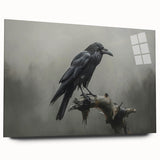 Side view of a modern wall art piece featuring intricate crow and raven designs on acrylic glass, showcasing vivid colors and detailed craftsmanship for an elegant home decor.