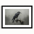 Artistic wall art featuring a crow and raven design in a sleek black frame with a mat, showcasing intricate details and contrasting colors, perfect for modern decor.