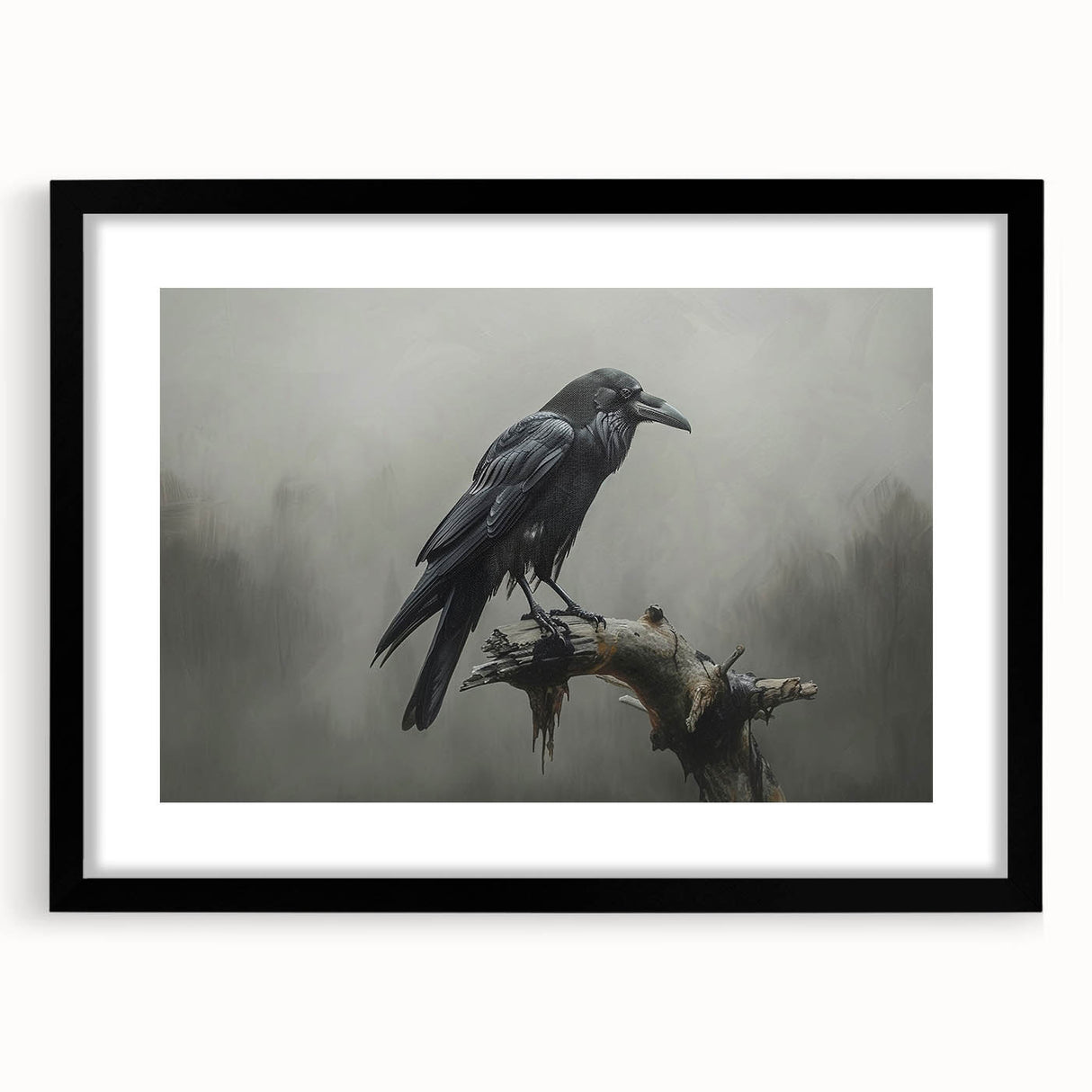 Artistic wall art featuring a crow and raven design in a sleek black frame with a mat, showcasing intricate details and contrasting colors, perfect for modern decor.
