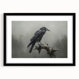 Artistic wall art featuring a crow and raven design in a sleek black frame with a mat, showcasing intricate details and contrasting colors, perfect for modern decor.
