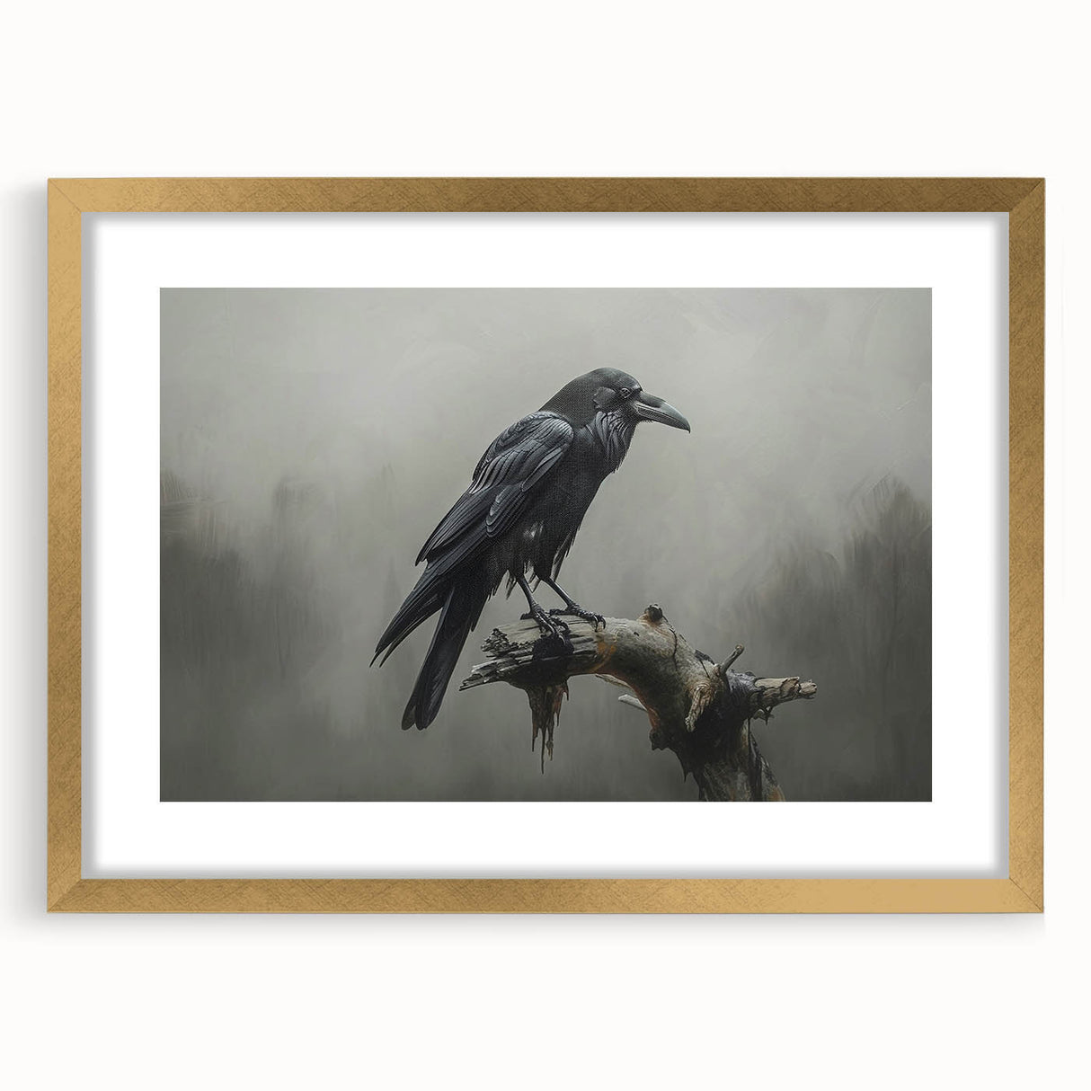 Wall art collection featuring a framed design of a crow and raven in intricate detail, set in a gold frame with a mat, ideal for enhancing home decor.
