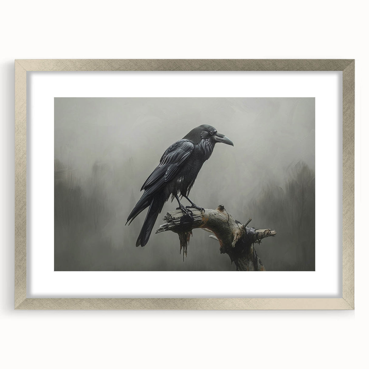 Framed wall art featuring a detailed design of a crow and raven, set in a silver frame with a mat, ideal for enhancing modern decor in homes or offices.