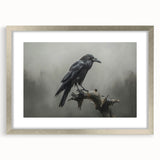 Framed wall art featuring a detailed design of a crow and raven, set in a silver frame with a mat, ideal for enhancing modern decor in homes or offices.