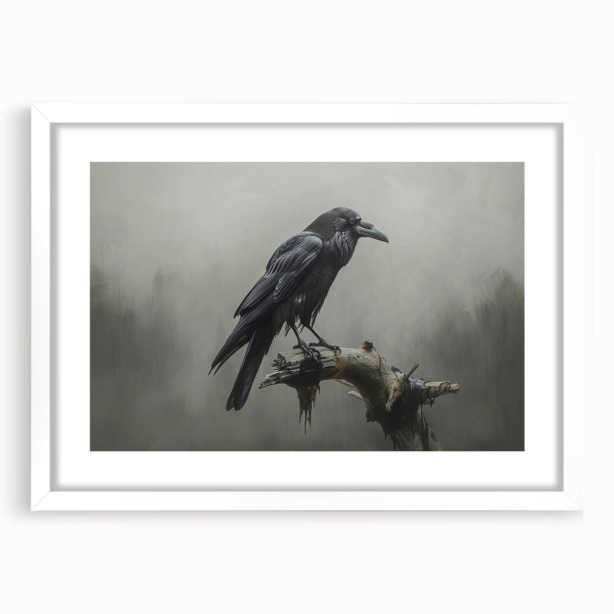Detailed wall art featuring a crow and raven design, framed in white with a mat, showcasing intricate black and gray illustrations perfect for modern decor.