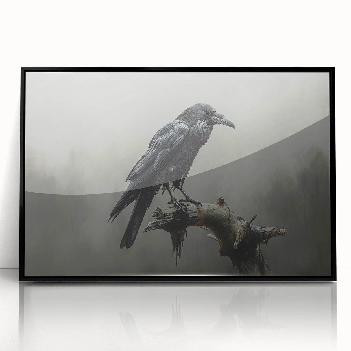 Framed wall art featuring a striking design of a crow and raven, showcasing intricate details and a sleek black frame, ideal for enhancing modern home decor.