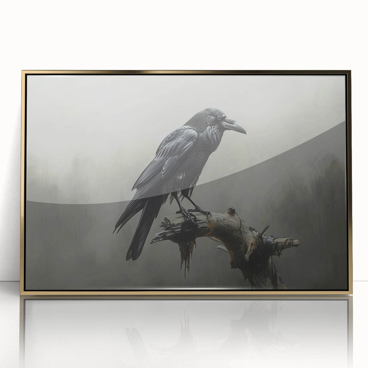 Framed wall art design showcasing a crow and raven in a striking gold-acrylic finish, perfect for modern home decor. Ideal for bird enthusiasts and art lovers.