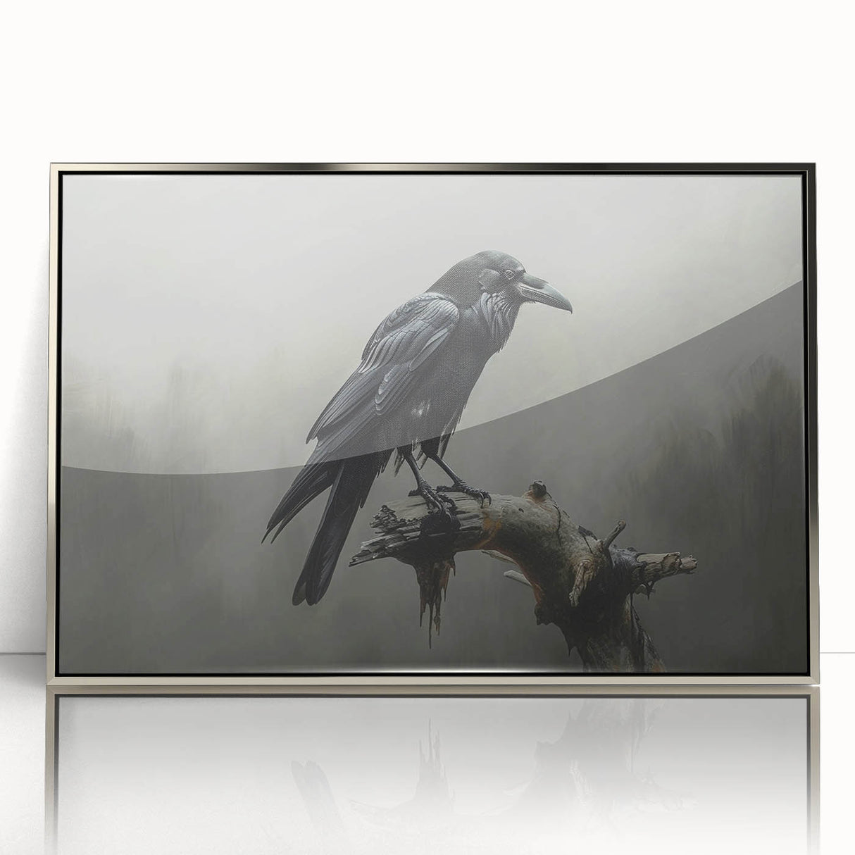 Framed wall art featuring a detailed design of a crow and raven, showcased in a sleek silver frame with an acrylic front, perfect for modern decor.