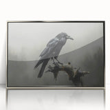 Framed wall art featuring a detailed design of a crow and raven, showcased in a sleek silver frame with an acrylic front, perfect for modern decor.