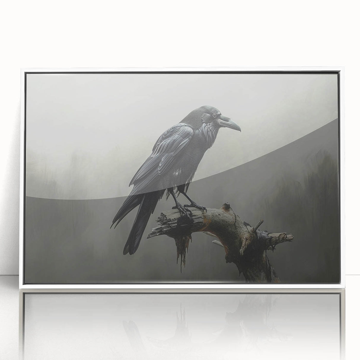 Framed wall art showcasing a detailed design of a crow and raven, presented in a sleek white frame with acrylic front, perfect for modern home decor.