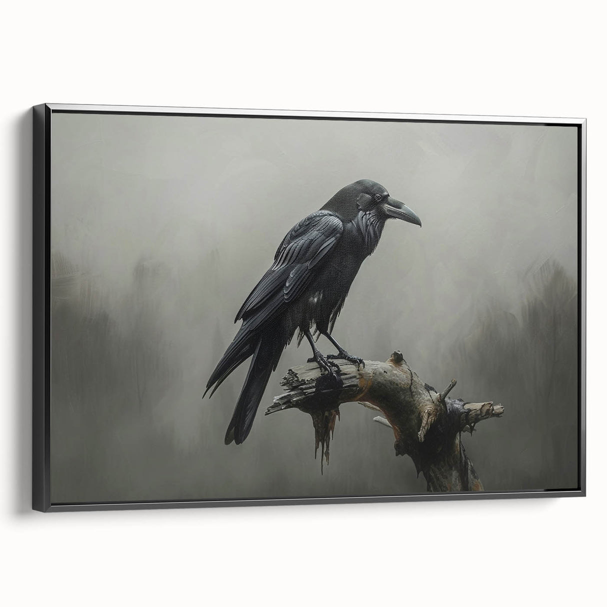 Framed wall art featuring a striking design of crows and ravens in a minimalist black aesthetic, showcasing intricate details and textures from a side view. Perfect for nature lovers and modern decor enthusiasts, this piece adds a touch of elegance to any room.